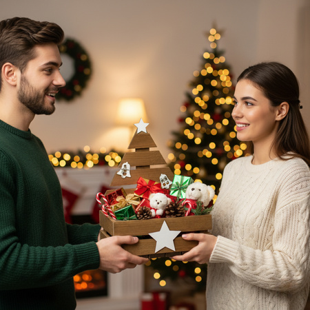 Braune Holzkiste Weihnachten mit Tannenbaum (30x20x40 cm) | GoodFreshDecor