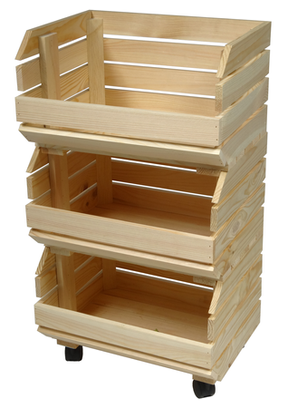 Obsthorde aus Holz, 3 Stapelkisten aus Naturholz zur Aufbewahrung von Obst und Gemüse, auf Rollen, praktisch und vielseitig einsetzbar, Set mit Montageanleitung